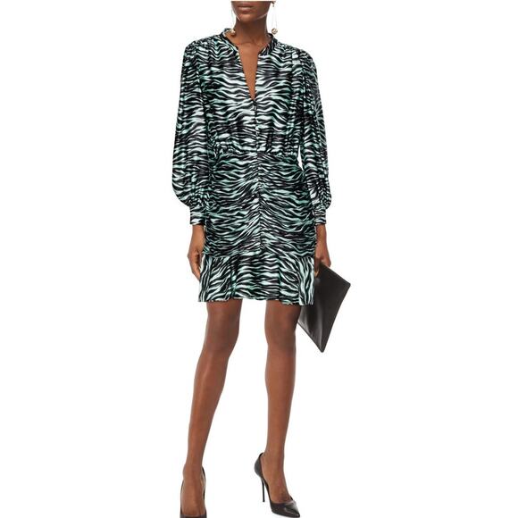 Jonathan Simkhai Mini Dress Ruched Zebra-Print Stretch-Silk Satin  Size 0 NWT - Picture 1 of 12